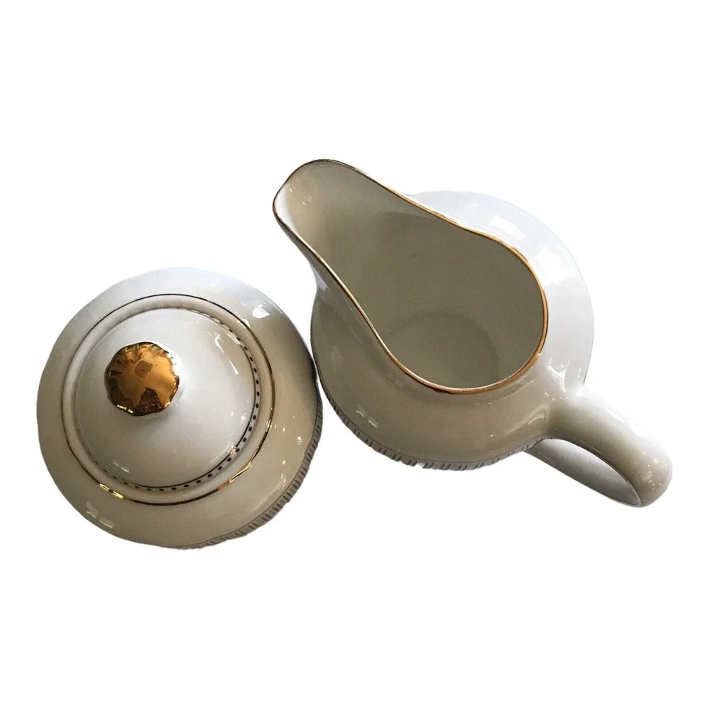 Grace's Teaware Porcelain Cream & Sugar Set Tea Serving‎ White Blue Gold Stripes